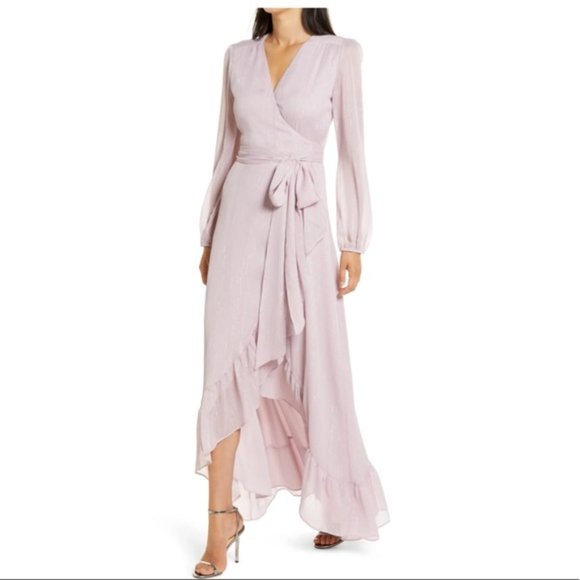 WAYF Lilac Purple The Meryl Sleeve Metallic Chiffon Wrap Dress Size XL - Picture 2 of 12